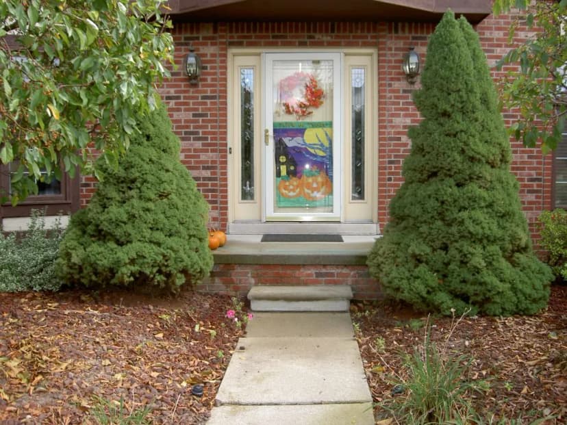 Front entrance of a home decorated for Halloween